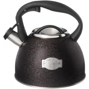 AGNESS ЧАЙНИК СО СВИСТКОМ, 2,5Л, C ШИЛЬДИКОМ, BLACK, ИНДУКЦИОН. КАПСУЛ. ДНО 907-256