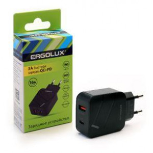 ERGOLUX (15108) ELX-РA01QC-C02 (Сетевой адаптер 18Вт 1USB+1Type C, 100-220В, 5-9V/3А, QC, Черный, Коробка)