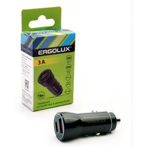 ERGOLUX (15106) ELX-CA01-C02 (Автомобильный адаптер 1USB+1Type C, 12В, 5V/3А, LED, Черный, Коробка)
