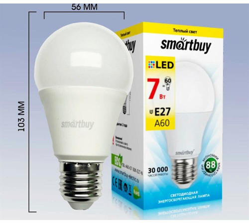 SMARTBUY (SBL-A60-07-30K-E27-N) 7W/3000/E27