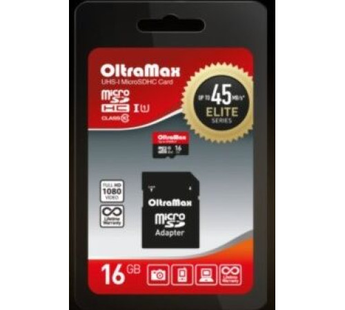 OLTRAMAX MicroSDHC 16GB Class 10 UHS-1 Elite + адаптером SD 45 MB/s [OM016GCSDHC10UHS-1-ElU1]