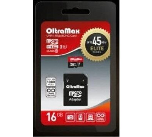 OLTRAMAX MicroSDHC 16GB Class 10 UHS-1 Elite + адаптером SD 45 MB/s [OM016GCSDHC10UHS-1-ElU1]