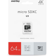 SMARTBUY (SB64GBSDCL10U3-01) MicroSDXC 64GB Class10 PRO (U3) 95/60 MB/S + адаптер