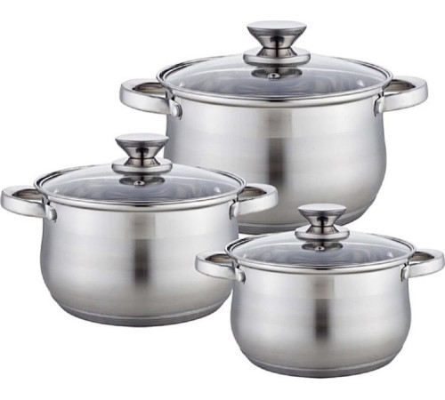 WEBBER BE-614/6 Набор посуды из нерж.стали 6 пр. 2,1л, 2,9л, 3,9л со стеклянными крышками