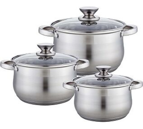 WEBBER BE-614/6 Набор посуды из нерж.стали 6 пр. 2,1л, 2,9л, 3,9л со стеклянными крышками