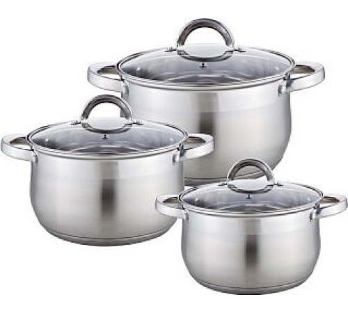 WEBBER BE-616/6 Набор посуды из нерж.стали 6 пр. 2,1л, 2,9л, 3,9л со стеклянными крышками