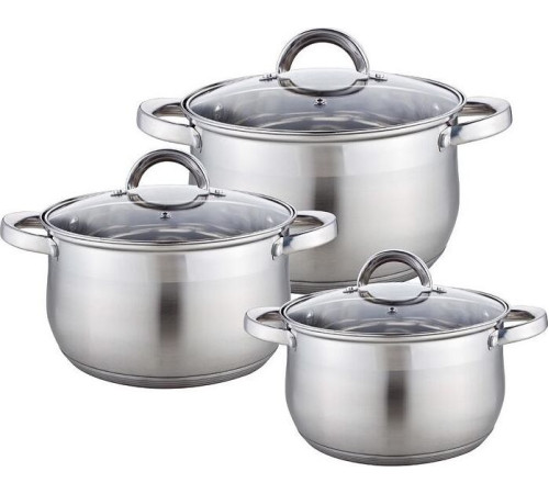 WEBBER BE-616/6 Набор посуды из нерж.стали 6 пр. 2,1л, 2,9л, 3,9л со стеклянными крышками