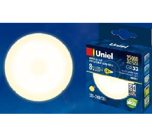 UNIEL (UL-00001672) LED-GX53-8W/WW/GX53/FR PLZ01WH матовая Теплый белый свет