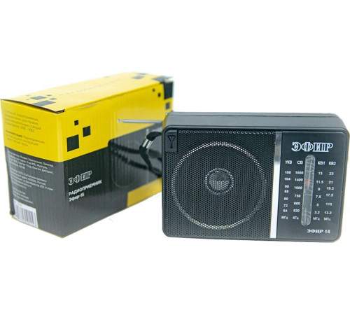 ЭФИР 15 УКВ 64-108МГц, СВ 530-1600КГц, КВ1,КВ2 бат. 2*R20(D)
