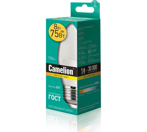 CAMELION (12389) LED8-C35/830/E27/8ВТ/3000К