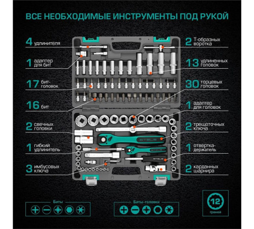 STELS Набор инструментов 94 предмета, 12 гранные головки// STELS 14118