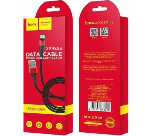 HOCO (6957531080220) X26 USB (m)-microUSB (m) 1.0м - красный/черный