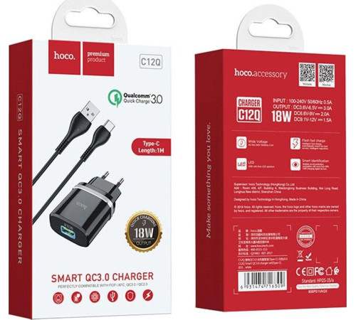 HOCO (6931474716293) C12Q 1USB 3.0A QC3.0 TYPE-C 1м черный