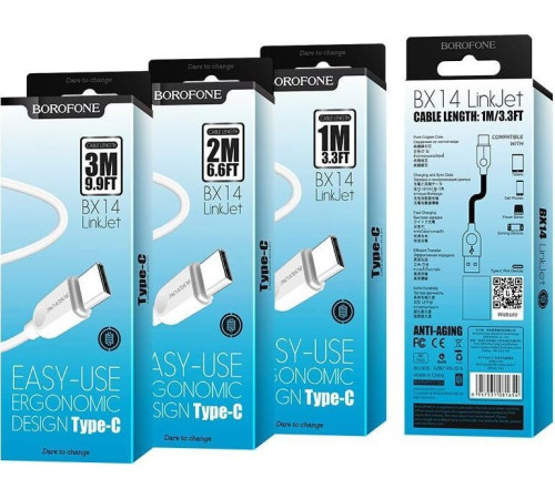 Кабель Type-C BOROFONE (6957531089995) BX14 USB-Type-C 3A 1.0m - белый