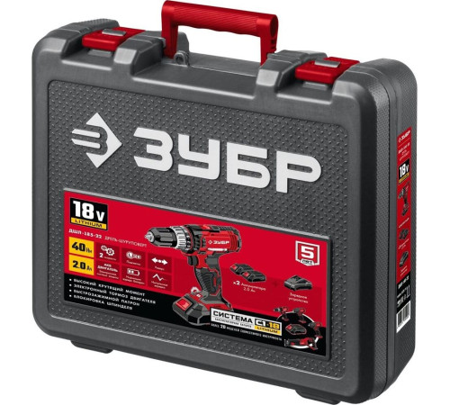 ЗУБР ДШЛ-185-22 18В, 2 АКБ (2Ач), в кейсе, дрель-шуруповерт.