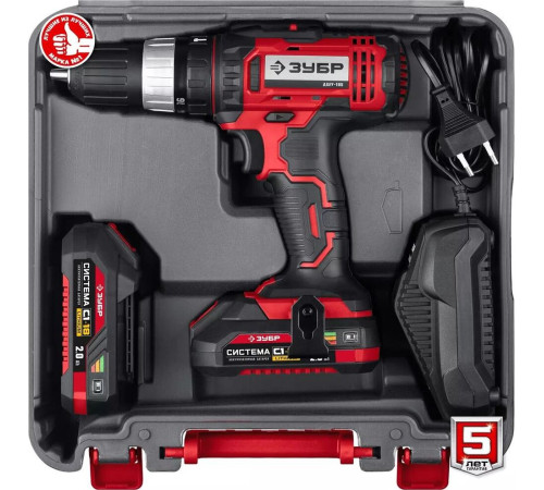 ЗУБР ДШЛ-185-22 18В, 2 АКБ (2Ач), в кейсе, дрель-шуруповерт.