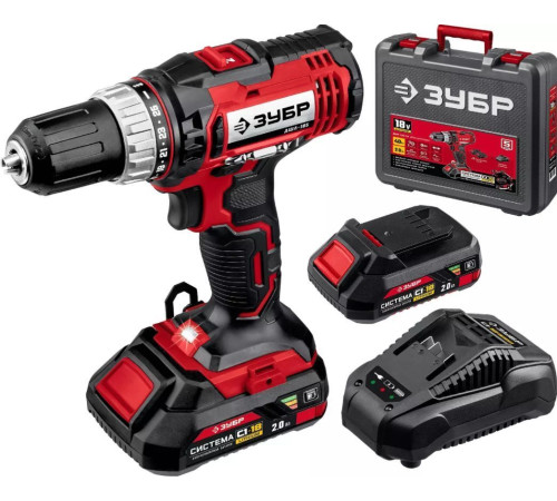 ЗУБР ДШУ-185-22 18В, 2 АКБ (2Ач), в кейсе, ударная дрель-шуруповер.