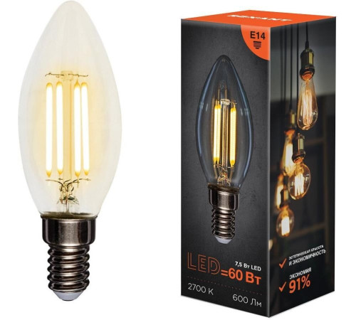 REXANT (604-083) CN35 7.5 ВТ 600 ЛМ 2700K E14 ПРОЗРАЧНАЯ КОЛБА