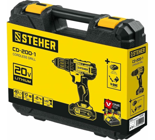 Дрель STEHER CD-200-1 20В, 1 АКБ (2Ач), в кейсе, дрель-шуруповерт