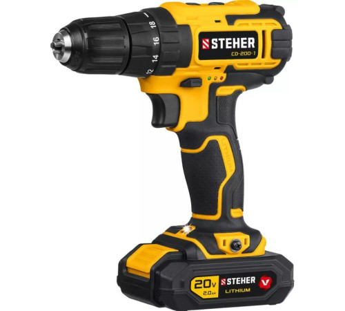 Дрель STEHER CD-200-1 20В, 1 АКБ (2Ач), в кейсе, дрель-шуруповерт