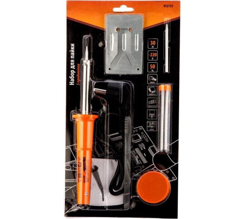 SPARTA Набор для пайки, 5 предметов: паяльник 30 Вт, подставка, жало, паста, припой 913113