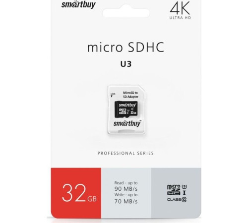 SMARTBUY (SB32GBSDCL10U3-01) MICRO SDHC 32GB CLASS10 PRO U3 R/W: 90/70 MB/S (с адаптером SD)
