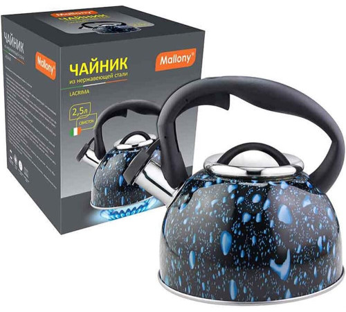 MALLONY Чайник из нерж стали LACRIMA, 2,5 л, со свистком, окрашенный (черный с синими каплями) (003979)