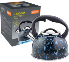 MALLONY Чайник из нерж стали LACRIMA, 2,5 л, со свистком, окрашенный (черный с синими каплями) (003979)