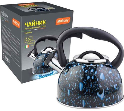 MALLONY Чайник из нерж стали LACRIMA, 2,5 л, со свистком, окрашенный (черный с синими каплями) (003979)