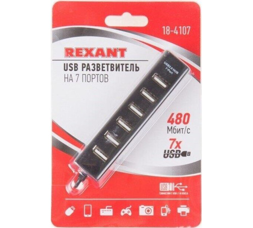 REXANT (18-4107) РАЗВЕТВИТЕЛЬ USB НА 7 ПОРТОВ, ЧЕРНЫЙ