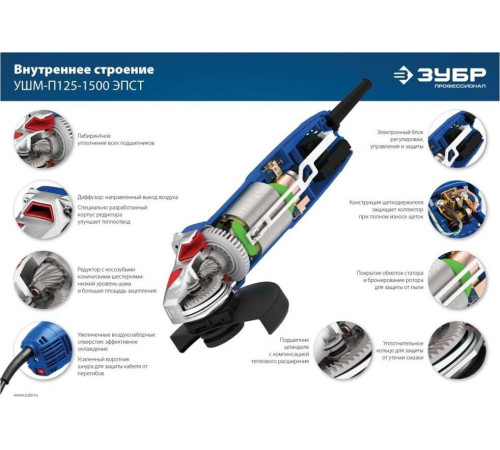 ЗУБР УШМ-П125-1500 ЭПСТ УШМ 125 мм, 1500 Вт, регулировка оборотов, серия Профессионал.