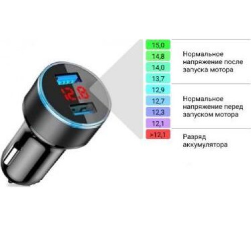 CARLINE CH-2U-VM адаптер с вольтметром 2хUSB 3.4A Max в прикуриватель 12/24В черный в коробке