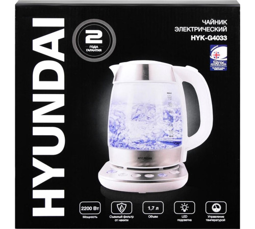 HYUNDAI HYK-G4033 1.7л. 2200Вт белый/серебристый (стекло)