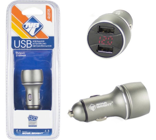 NOVA BRIGHT для моб.устройств, 2 USB-порта, 2100мА + цифровой LED вольтметр, 12/24В 46898