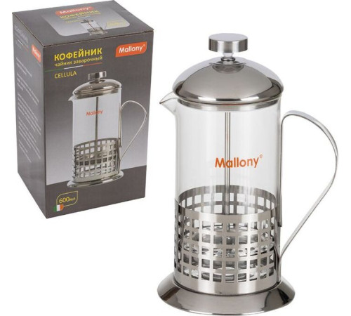 MALLONY Чайник/кофейник (кофе-пресс) CELLULA, 600 мл, из жаропр стекла, в корпусе из нерж стали, B511-600ML (950138)