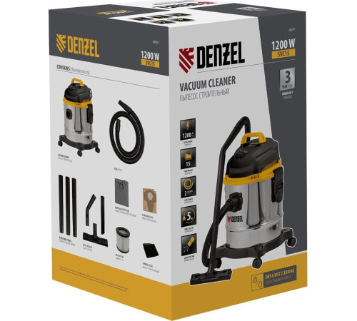 DENZEL SVC15, 1200 Вт, бак 15 л, шланг 2 м 28201