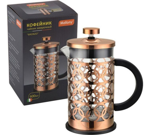 MALLONY Чайник/кофейник (кофе-пресс), BRONZO, объем: 600 мл, из боросил стекла, корпус из нерж стали (медный) (950154)