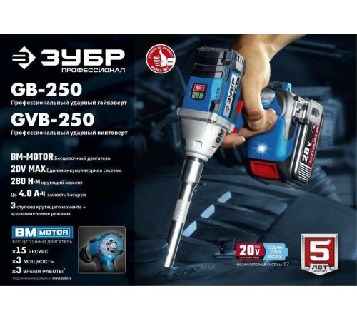 ЗУБР GB-250-22 20В бесщеточный гайковерт, 2 АКБ (2Ач), в кейсе, Профессионал