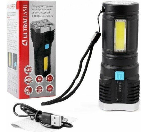 ULTRAFLASH (15195) LED51525 4LED+COB, 3 Вт, 4 реж, Micro -USB, бокс черный