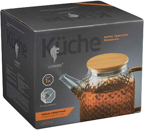 LEONORD Чайник заварочный AROMA, объем 1 л, из боросиликатного стекла с рельефом, крышкой бамбука