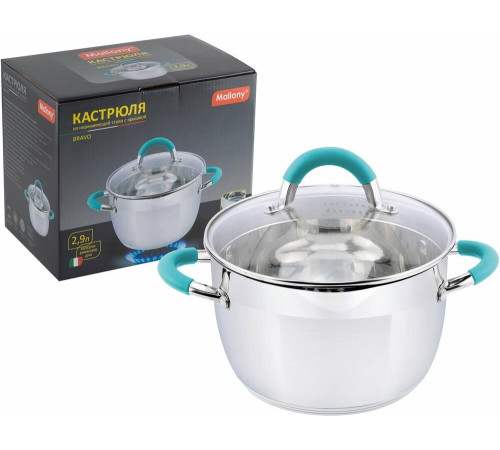 MALLONY Кастрюля BRAVO, объем 2,9 л, из нерж стали с крышкой жаропрочного стекла (005429)
