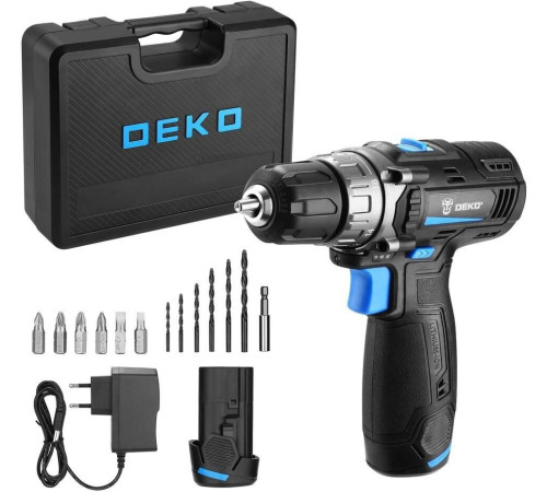 DEKO DKCD12V PRO в кейсе + оснастка 13 шт, 12В, 2х2.0Ач 083-1007