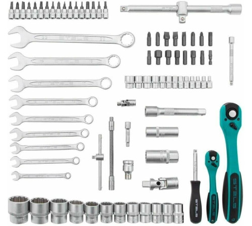 STELS Набор инструментов 1/2 , 1/4 , CrV, 12 гранные головки, пластиковый кейс, 82 предмета 14117