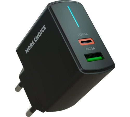 MORE CHOICE (4620202551245) NC61a Black - 1USB+1USB-C 3.0A PD 20W+QC3.0 быстрая зарядка для Type-C