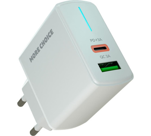 MORE CHOICE (4620202551252) NC61a White - 1USB+1USB-C 3.0A PD 20W+QC3.0 быстрая зарядка для Type-C