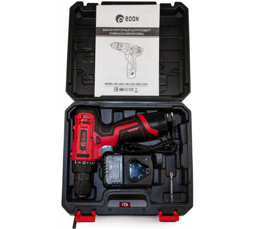 Дрель-шуруповёрт EDON AD-1201 черный/красный 15417 12В, 1аккум