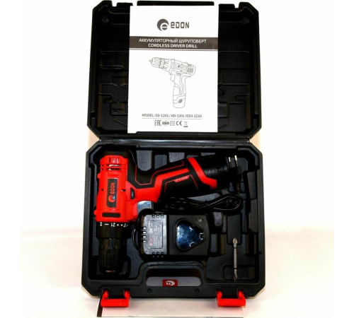 Дрель-шуруповёрт EDON AD-1201 черный/красный 15417 12В, 1аккум