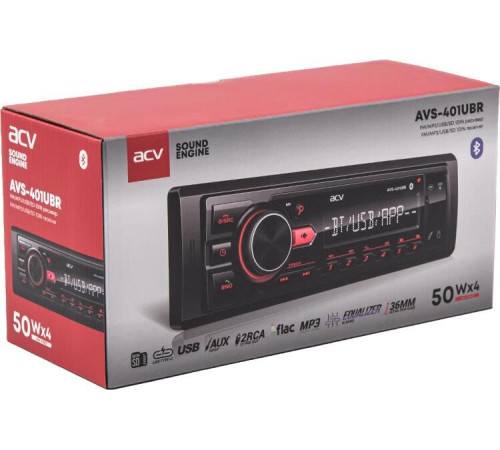 ACV AVS-401UBR (1din/База 36мм/красная/Bluetooth/USB/TYPE-C/AUX/SD/FM/4*50)