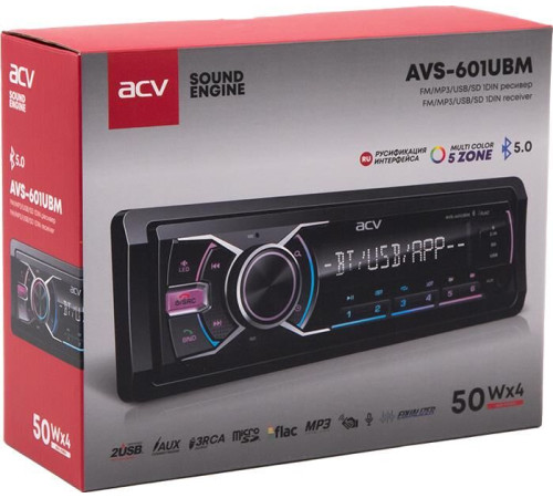 ACV AVS-601UBM (1din/мультицвет/BT/2 USB/AUX/SD/FM/3RCA/SUB/5 зон подсветки/4*50)