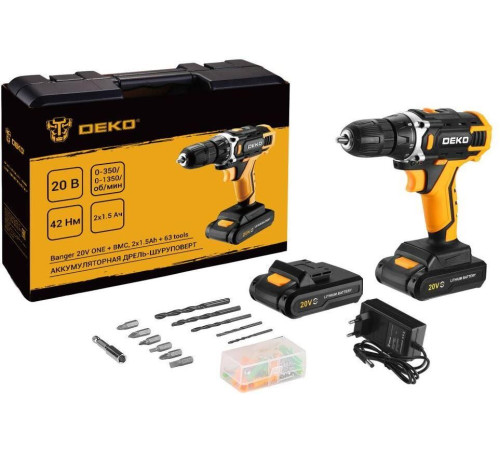 DEKO Banger 20V ONE + в кейсе + набор 63 инструмента для дома, 20В, 2х1.5Ач 083-1043